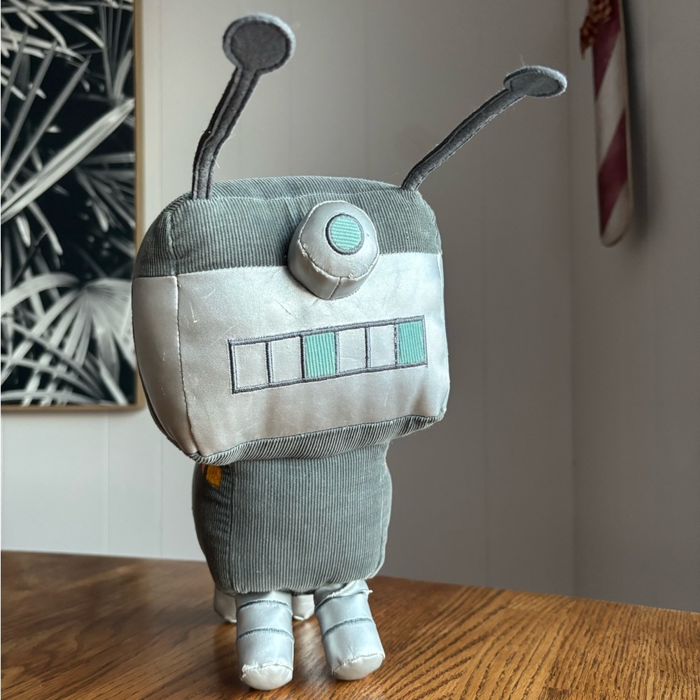 Land of Nod Plush Robot Soft Sculpture • Gray Corduroy • Valentine’s Day gift